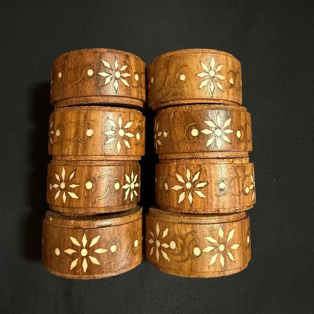 Vintage Wooden Napkin Rings Hand Carved‎ Set of 8 Anglo-Indian Inlay 1970s Boho